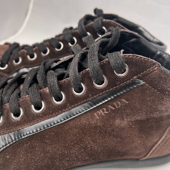 PRADA High Top laced Up Sneaker Suede Brown size 10.5 - Picture 9 of 14